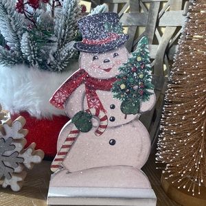 NEW!! Vintage Inspired Glittery Wood Winter Holiday Christmas Snowman